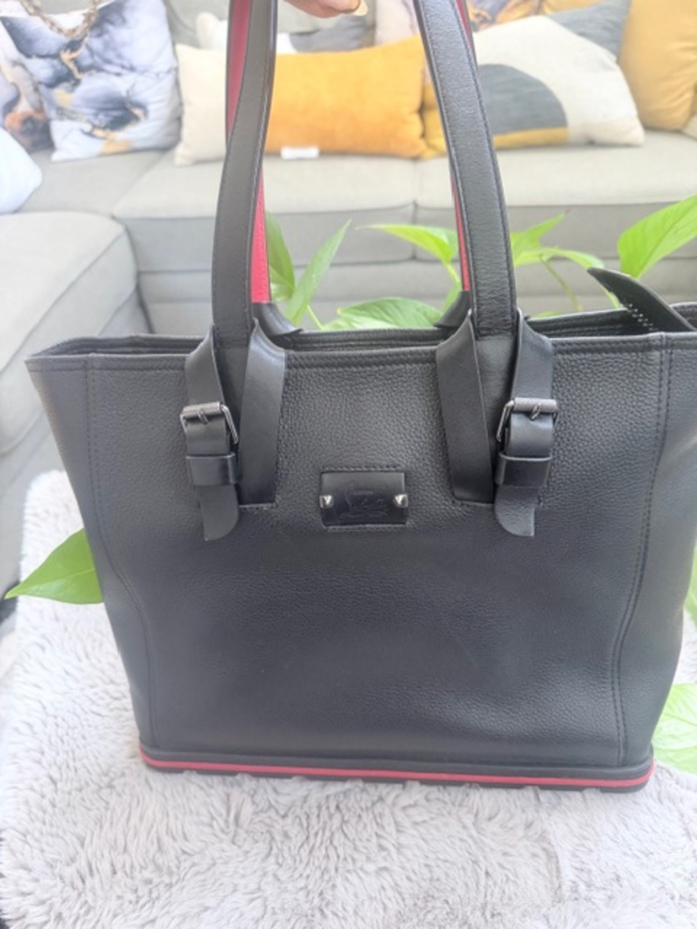 Christian Louboutin Kabiker Tote Bag Grain Calf Leather Black and Red